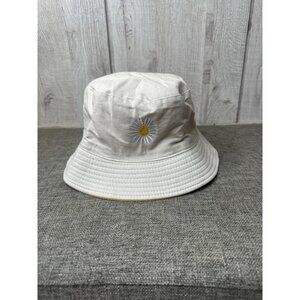 Reversible Yellow & White Bucket Hat W/ Embroidered Daisy Design Cotton Blend